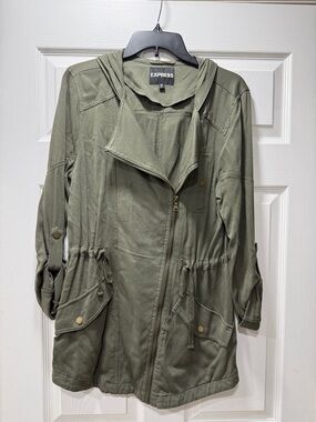 Express Olive Green Drawstring Utility Jacket with Hood